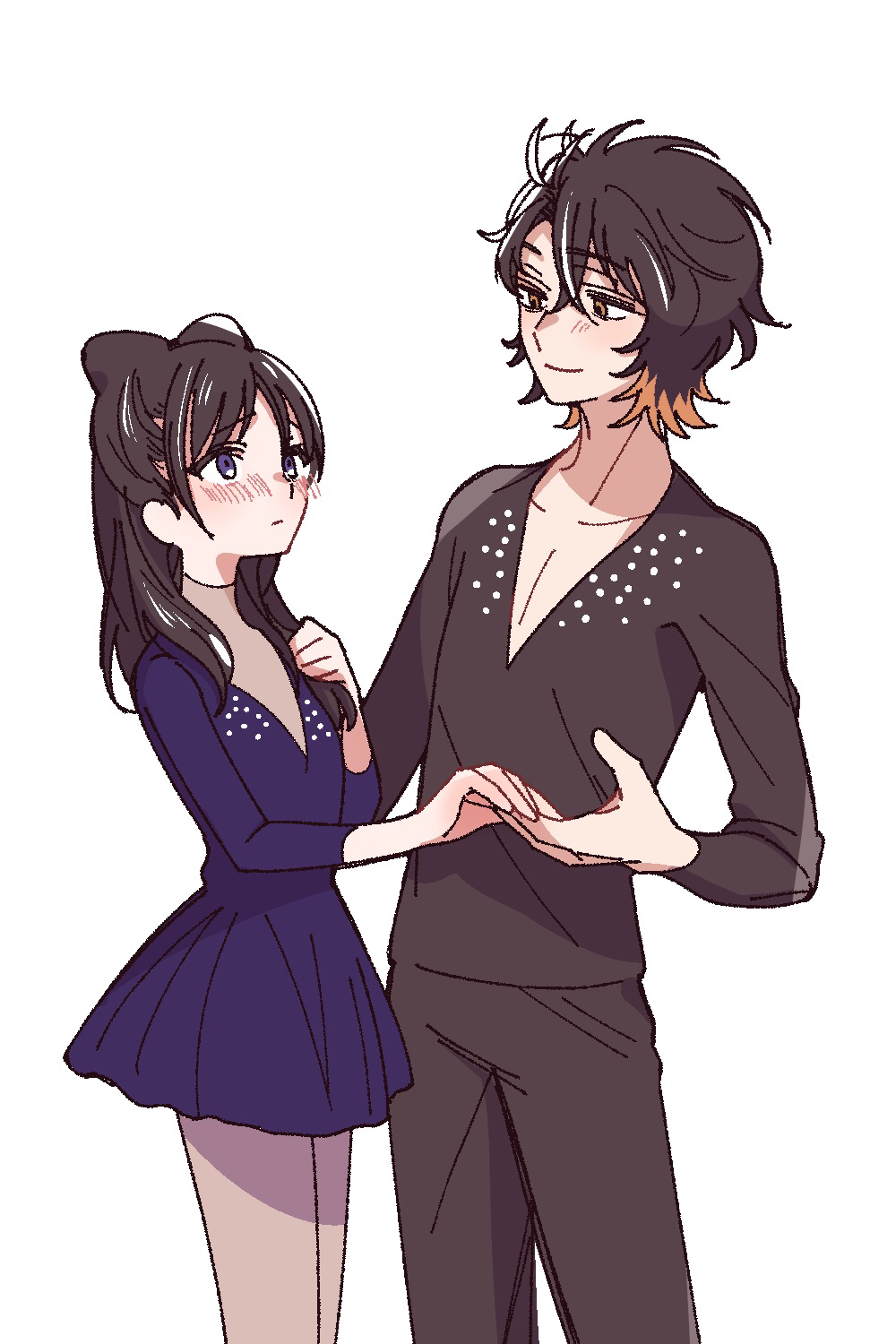 1boy 1girl black_bow black_hair black_pants black_shirt blue_dress blush bow brown_eyes brown_hair dress eye_contact hair_between_eyes hair_bow hetero highres long_hair looking_at_another magami_keigo miyao_nemu multicolored_hair pants purple_eyes shirt simple_background standing two-tone_hair white_background witch_watch yoshitaka_(palooo)