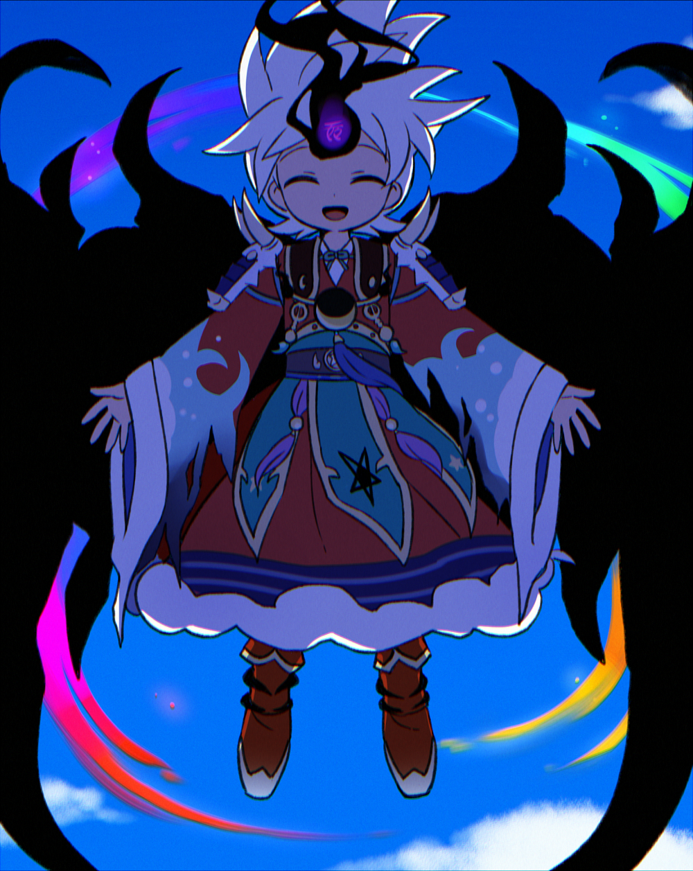 :d ^_^ amano_keita armor backlighting black_fire black_wings blue_sky closed_eyes cloud coat coat_dress day dot_nose dress facing_viewer fire floating full_body fur-trimmed_coat fur-trimmed_sleeves fur_trim furisode_sleeves highres kokouemae kugutsu_ken-ou oversized_wings loincloth male_focus multicolored_coat multicolored_footwear open_hands open_mouth outdoors pauldrons red_coat red_footwear sash shoulder_armor sky smile solo spiked_hair spiked_pauldrons straight-on v-neck v_arms white_hair wings youkai_watch
