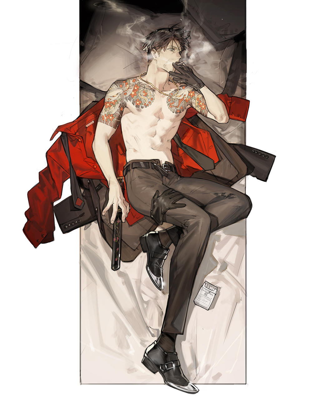 1boy abs bed_sheet belt black_belt black_footwear black_gloves black_hair black_socks brown_pants chest_tattoo cigarette collarbone dark_nipples facing_to_the_side fingernails formal_clothes from_above full_body gloves highres holding holding_cigarette jacket jewelry knee_up looking_ahead lying majima_goro male_focus necklace nipples on_bed on_side open_belt open_pants pants pillow red_shirt ryuu_ga_gotoku_(series) shirt short_hair shoulder_tattoo smoke smoking socks solo starshadowmagician suit tattoo tattoo_sleeve toned toned_male topless_male unworn_gloves unworn_jacket unworn_shirt yakuza yellow_eyes