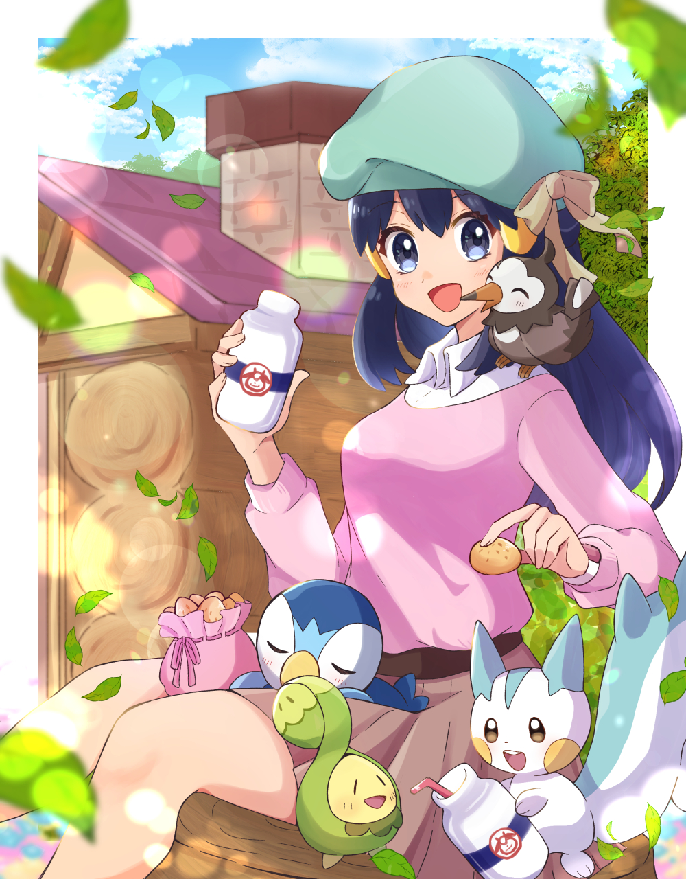 1girl :d belt black_hair border bottle brown_belt brown_skirt budew cloud collared_shirt commentary_request dawn_(pokemon) day eyelashes falling_leaves gen_4_pokemon green_headwear grey_eyes hair_ornament hairclip haru_(haruxxe) hat highres holding leaf long_hair milk_bottle moomoo_milk nintendo on_shoulder open_mouth outdoors outside_border pachirisu pink_sweater piplup pokemon pokemon_(creature) pokemon_bdsp pokemon_on_shoulder shirt sitting skirt sky smile starly sweater tongue tree_stump white_border white_shirt
