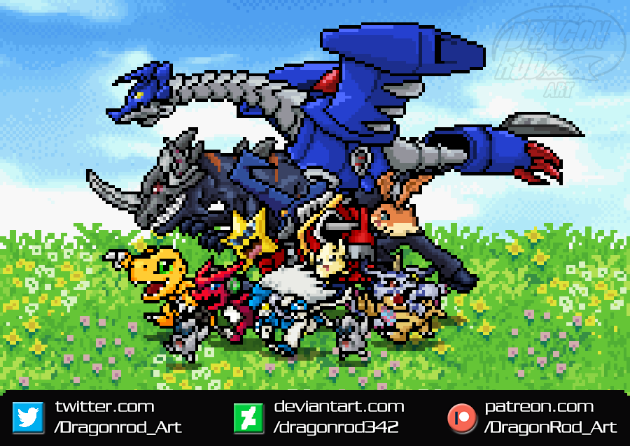 agumon armor ballistamon chibickmon claws digimon digimon_(creature) digimon_story:_super_xros_wars_red_and_blue gabumon grass greymon_(digimon_xros_wars) horns open_mouth patamon pickmon pickmon_(sunglasses) running shoutmon spadamon starmon_(digimon_xros_wars) tail wings yellow_eyes