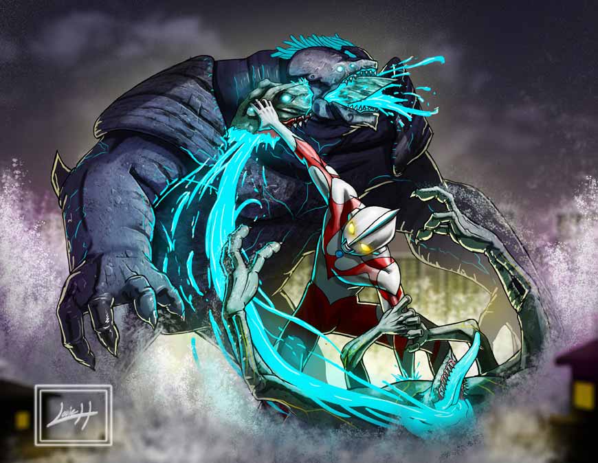 1boy bioluminescence blood blue_blood blue_eyes bodysuit cape cloud cloudy cloudy_sky colored_blood crossover extra_eyes glowing glowing_blood glowing_eye glowing_eyes glowing_mouth glowing_veins green_eyes height_difference helmet kaiju knifehead leatherback legendary_pictures lightning louie_h male_focus mask monster neon_trim no_humans ocean pacific_rim rain red_cape sharp_teeth size_difference sky solo teeth tokusatsu tsuburaya_productions ultra_series ultraman ultraman_(1st_series) upper_body veins yellow_eyes