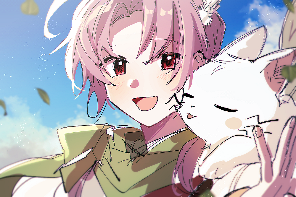 1boy blue_sky blurry cat day dita_iliner godzylla_(saibou_shinkyoku) green_scarf jw9484 leaf light_particles male_focus open_mouth outdoors parted_bangs pink_hair red_eyes saibou_shinkyoku scarf shirt sky smile white_cat white_shirt