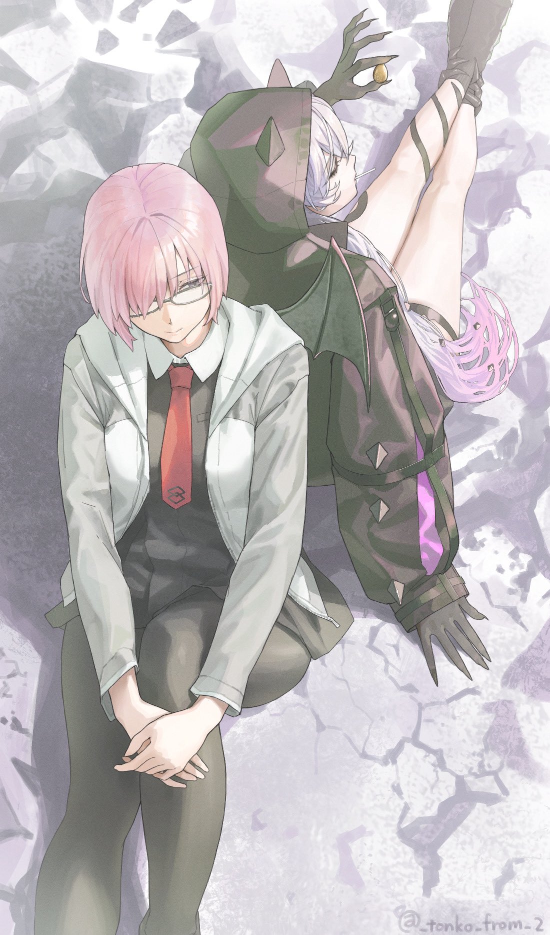 2girls arm_support back-to-back bat_wings black_boots black_dress black_hands black_jacket black_pantyhose boots breasts candy chaldea_logo closed_eyes closed_mouth colored_extremities dress fate/grand_order fate_(series) fingernails food glasses gradient_hair grey-framed_eyewear grey_jacket hair_between_eyes hair_over_one_eye hand_up hashtag-only_commentary highres holding hood hood_up hooded_jacket jacket knee_up lilith_(fate) lilith_(first_ascension)_(fate) lollipop long_fingernails long_hair long_sleeves looking_to_the_side mash_kyrielight mouth_hold multicolored_hair multiple_girls necktie open_clothes open_jacket own_hands_together pantyhose pink_hair purple_eyes red_necktie shirt short_hair sitting sleeves_past_wrists thigh_strap tonko_from twitter_username two-tone_hair white_hair wings