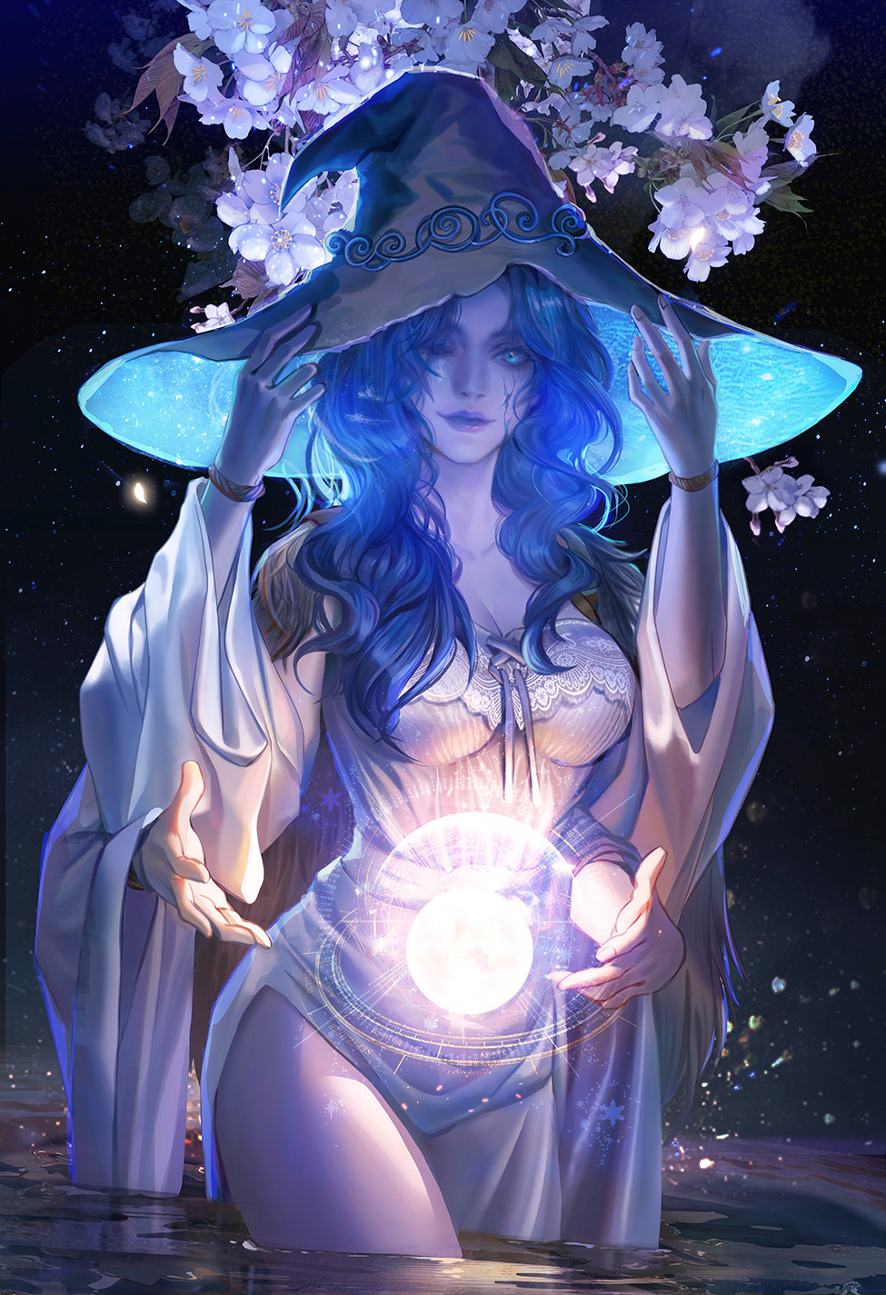 1girl alternate_breast_size black_background blue_hair blue_skin breasts cleavage collarbone colored_skin commentary cracked_skin curly_hair elden_ring english_commentary extra_arms fan_yang_(jiuge) floating floating_object flower hand_up hat highres large_breasts large_hat light_particles long_hair long_sleeves looking_at_viewer night one_eye_closed outdoors parted_lips ranni_the_witch simple_background solo sparkle thighs wading wide_sleeves witch_hat