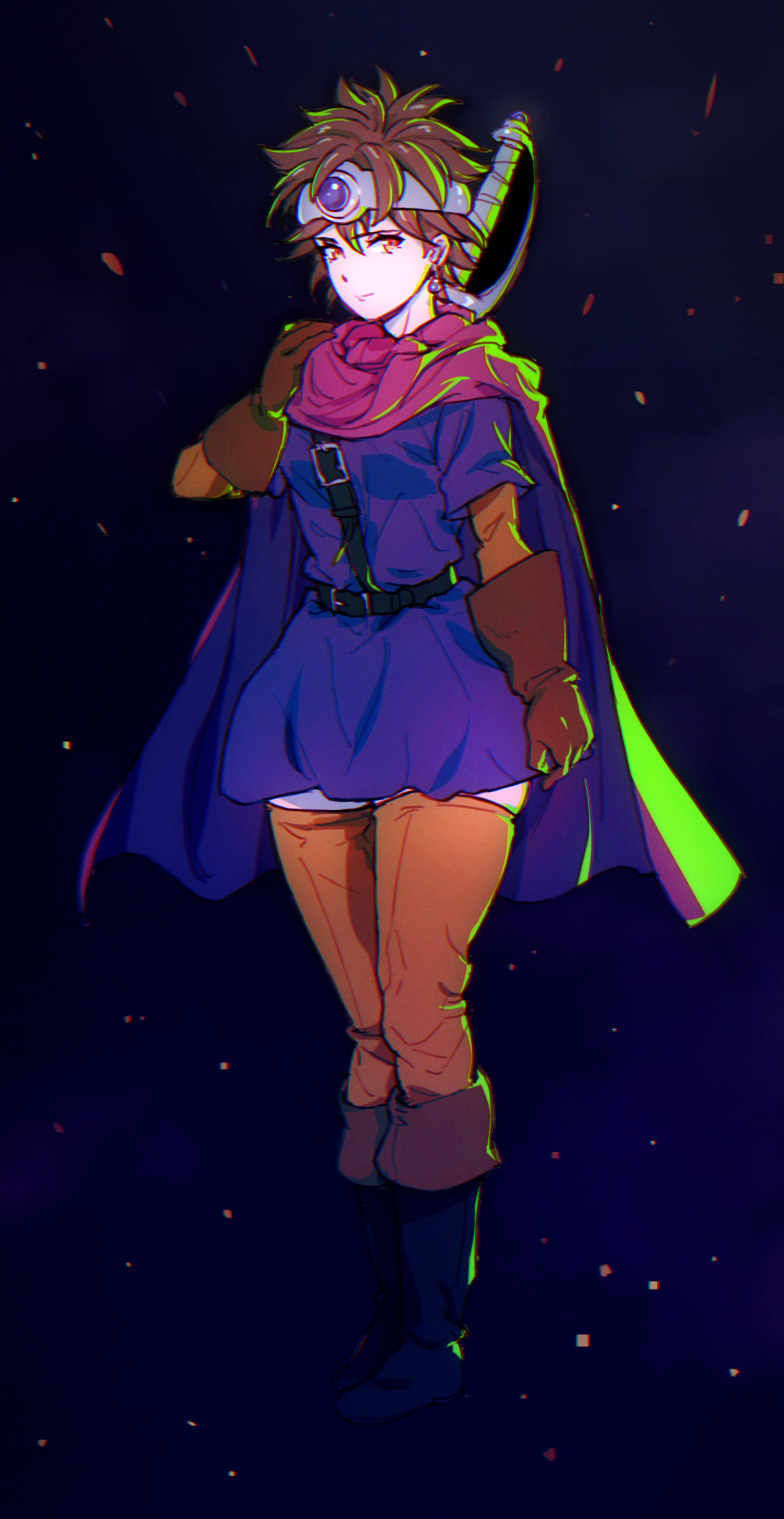 1girl blue_background blue_gemstone blue_tunic boots brown_gloves brown_hair cape circlet commentary_request dragon_quest dragon_quest_iii earrings full_body gem gloves heroine_(dq3) highres jewelry looking_at_viewer looking_to_the_side orange_eyes orange_thighhighs purple_cape roto_(dq3) short_hair silver_circlet solo sphere_earrings spiked_hair sword sword_on_back tamago_tomato thighhighs tunic weapon weapon_on_back zettai_ryouiki