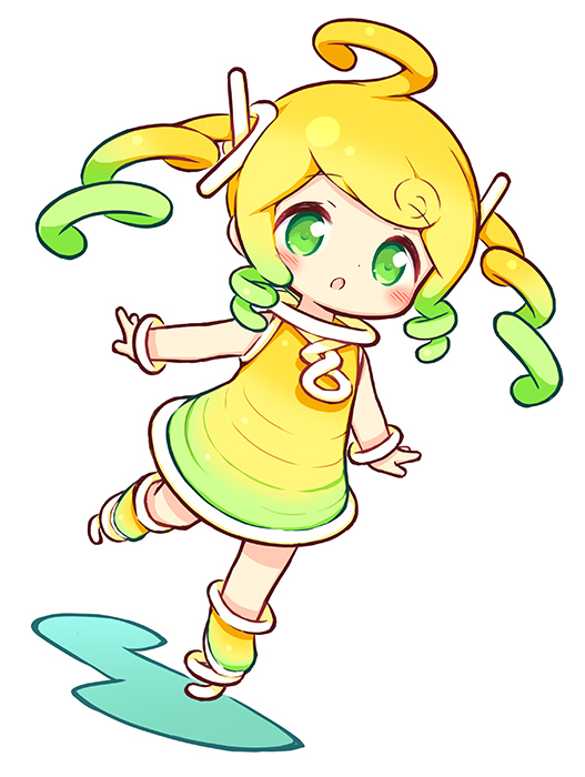 1girl :o ahoge aikei_ake blonde_hair blush boots chibi commentary_request dress full_body gradient_boots gradient_clothes gradient_dress gradient_hair green_boots green_dress green_eyes green_hair long_hair multicolored_hair original parted_lips personification sidelocks simple_background sleeveless sleeveless_dress solo spring_(object) twintails white_background yellow_boots yellow_dress