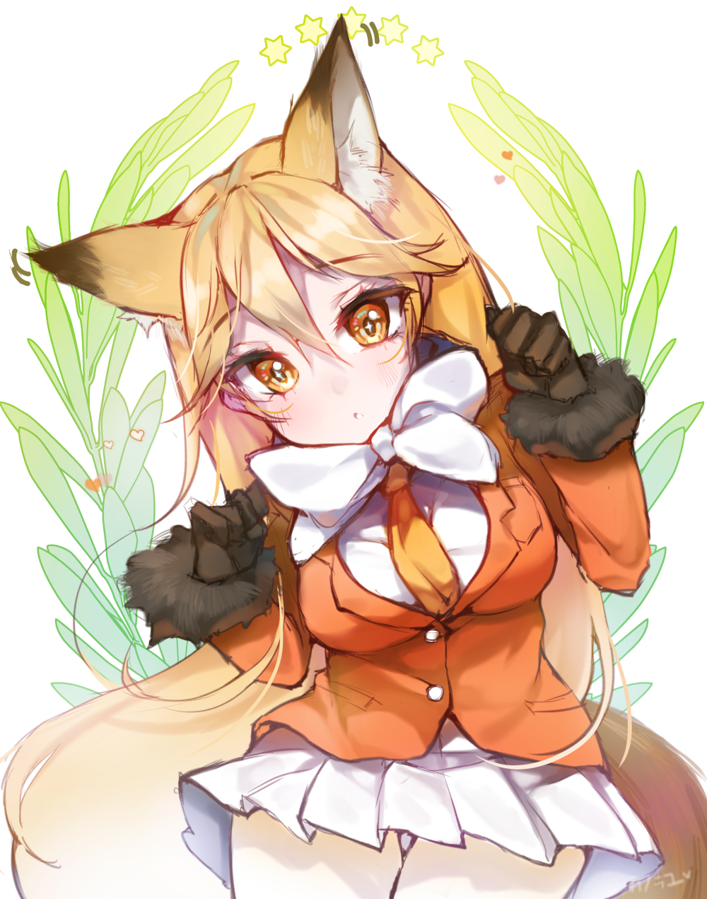 10s 1girl :o animal_ears black_gloves blonde_hair bow brown_eyes ezo_red_fox_(kemono_friends) female_focus fox_ears fox_tail fur_trim gloves highres jacket kanola_u kemono_friends kita_kitsune long_hair long_sleeves looking_at_viewer miniskirt pantyhose pleated_skirt simple_background skirt solo tail thigh_gap white_bow white_skirt