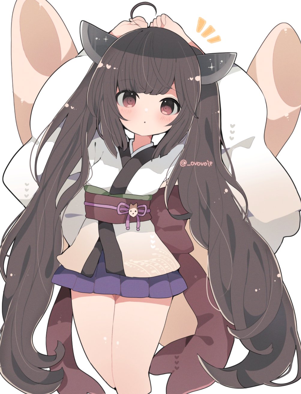 1girl ahoge alternate_hair_length alternate_hairstyle arms_up blush brown_eyes brown_hair commentary_request feet_out_of_frame headgear highres japanese_clothes kimono long_hair looking_at_viewer miniskirt notice_lines ovoip parted_lips pleated_skirt purple_skirt short_kimono short_yukata sidelocks simple_background skirt solo standing touhoku_kiritan twitter_username very_long_hair voiceroid watermark white_background white_kimono yukata