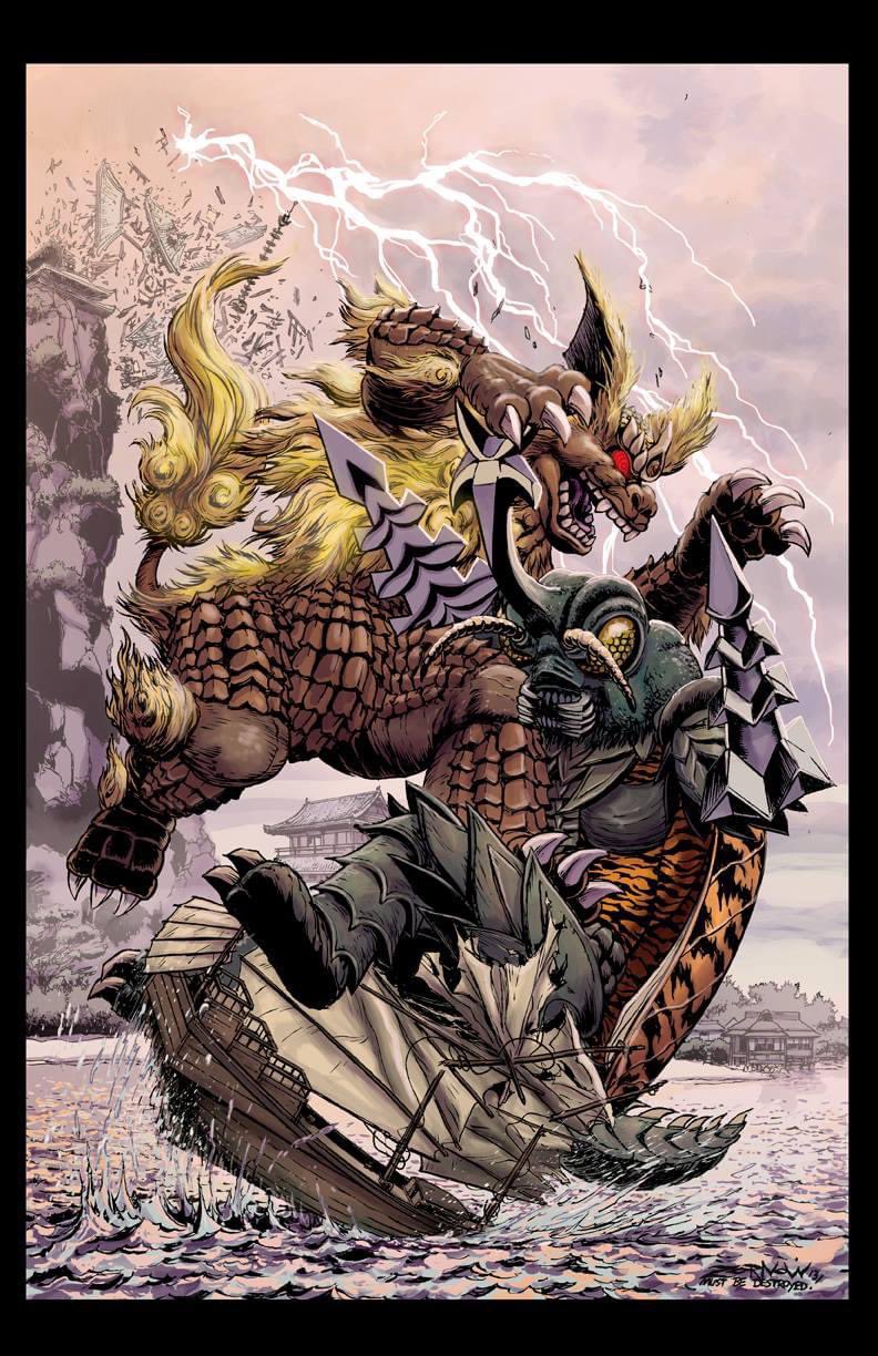 antennae bug building claws cliff compound_eyes destruction drill electricity energy falling floppy_ears forest full_body gem_on_head giant giant_monster glowing glowing_eyes godzilla_(series) godzilla_vs._mechagodzilla godzilla_vs._megalon_(1973) highres horns jeff_zornow kaiju king_caesar_(godzilla) lightning lion mandibles megalon monster nature no_humans no_pupils open_mouth red_eyes sharp_teeth ship single_horn splashing tail teeth toho tree water watercraft waves yellow_eyes