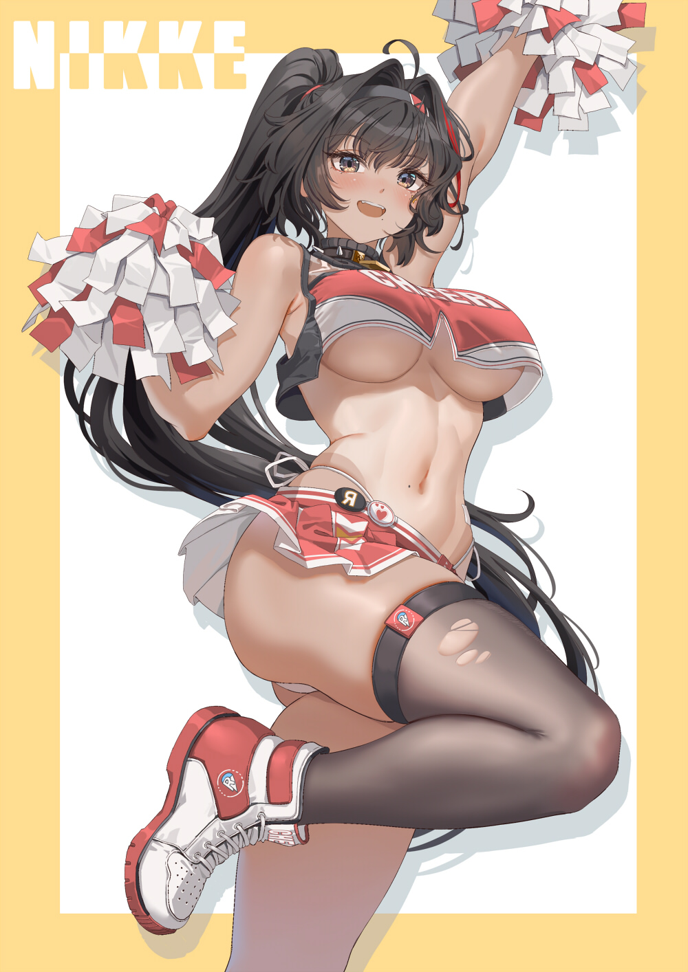 1girl :d arm_up bare_shoulders bay_(nikke) black_eyes black_hair black_thighhighs blush border breasts cheerleader commentary_request fangxiang_cuoluan goddess_of_victory:_nikke highleg highleg_panties highres holding holding_pom_poms large_breasts long_hair mole mole_on_stomach mole_under_mouth multicolored_hair navel open_mouth panties pleated_skirt pom_pom_(cheerleading) pom_poms ponytail red_hair red_skirt skindentation skirt smile stomach streaked_hair teeth thighhighs thighs title torn_clothes torn_thighhighs underboob underwear upper_teeth_only very_long_hair white_background white_panties yellow_border