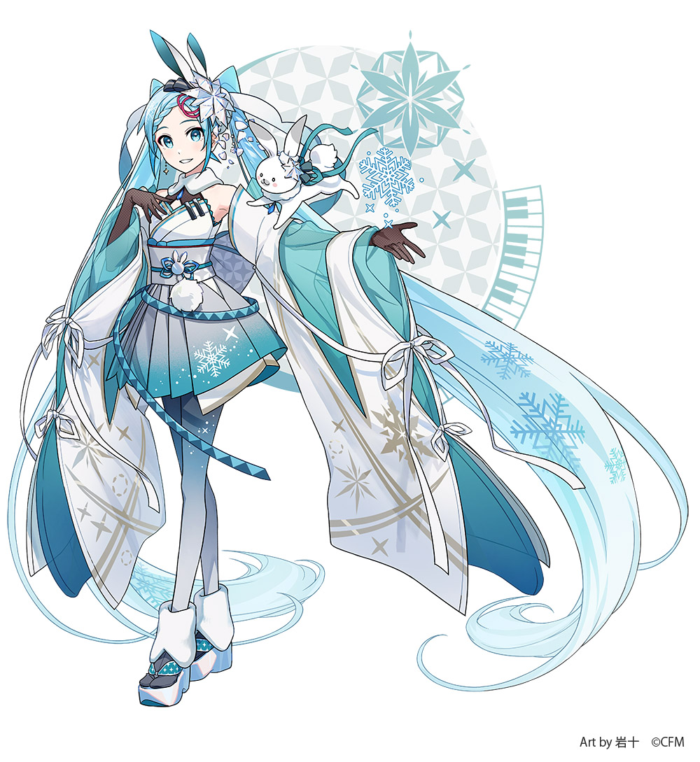 1girl absurdly_long_hair animal animal_ears aqua_eyes aqua_hair aqua_sleeves bare_shoulders belt black_gloves black_socks braid commentary detached_sleeves dress elbow_gloves flower full_body fur-trimmed_footwear fur_trim gloves gold_trim grey_pantyhose grey_skirt hair_flower hair_ornament hair_ribbon halter_dress halterneck hand_on_own_chest hatsune_miku iwato1712 japanese_clothes kimono layered_sleeves long_hair miniskirt obi official_art okobo outstretched_arm pantyhose parted_lips piano_keys platform_sandals pleated_skirt pom_pom_(clothes) rabbit_ears rabbit_pin rabbit_yukine ribbon sandals sash see-through_clothes see-through_sleeve_layer see-through_sleeves shippou_(pattern) skirt smile snowflake_print socks standing swept_bangs tabi twintails very_long_hair vocaloid white_background white_kimono white_sleeves wide_sleeves yuki_miku