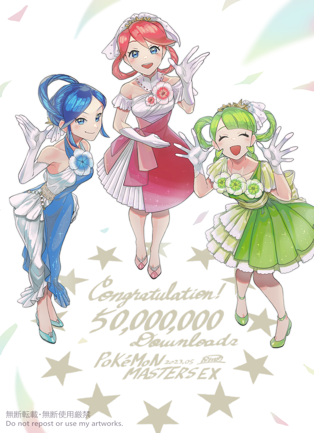 3girls :d alternate_costume bare_shoulders blue_dress blue_eyes blue_hair blunt_bangs blush closed_eyes closed_mouth commentary_request congratulations copyright_name dated dress elbow_gloves eyelashes flower gloves green_footwear green_hair hair_rings hand_up hands_up haraya highres looking_at_viewer multiple_girls nintendo open_mouth pink_hair pokemon pokemon_masters_ex shoes signature smile tricia_(pokemon) trinnia_(pokemon) trista_(pokemon) white_gloves