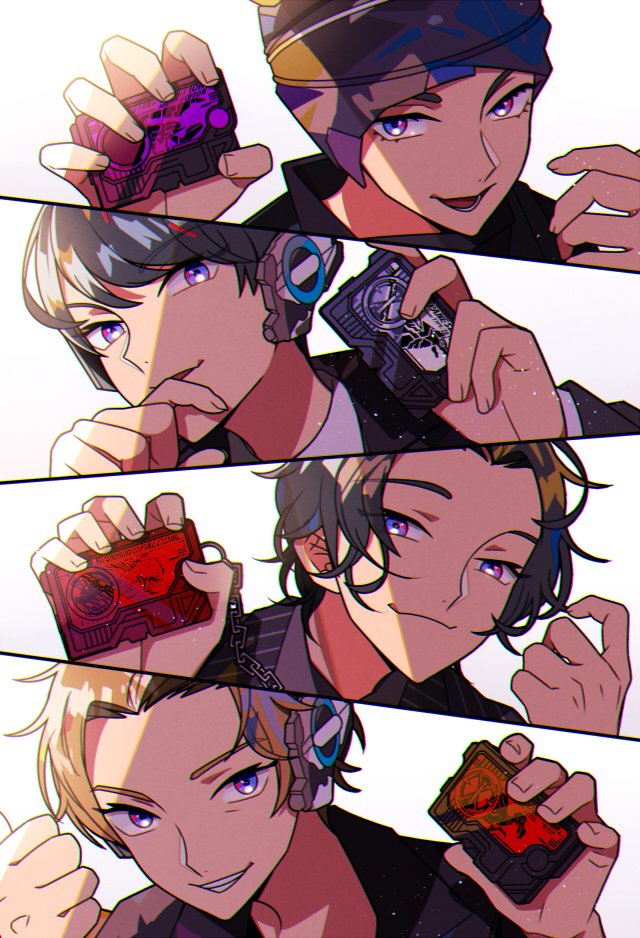 4boys android black_hair black_jacket blonde_hair blue_eyes brown_hair headphones henshin hito01 holding hood hoodie horobi_(kamen_rider_01) humagear_headphones ikazuchi_(kamen_rider_01) jacket jin_(kamen_rider_01) kamen_rider kamen_rider_01_(series) looking_at_viewer male_focus multiple_boys naki_(kamen_rider_01) necktie open_mouth progrise_key shirt short_hair simple_background