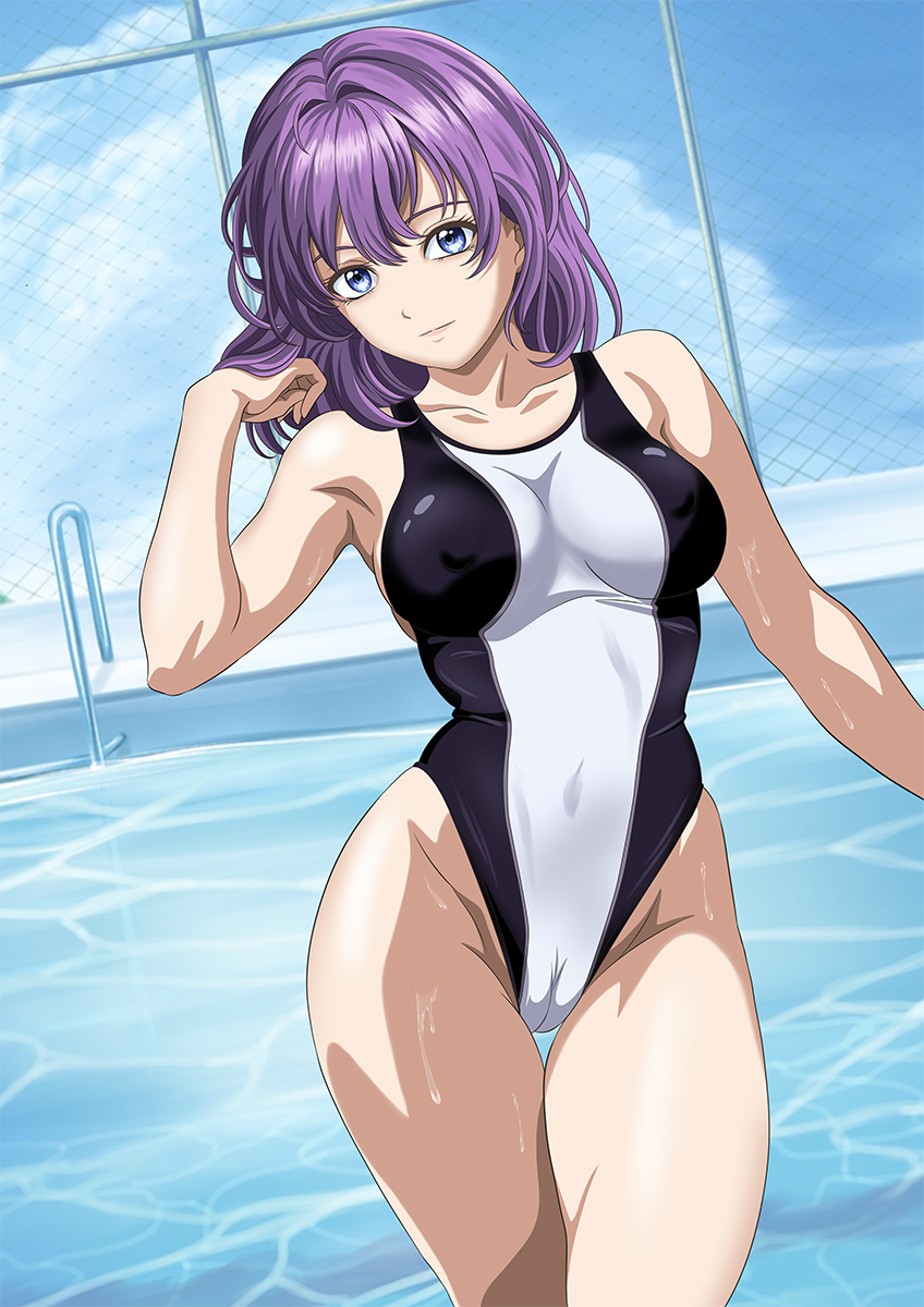1girl anri_(holy) blue_eyes blue_sky breasts cameltoe cloud commentary competition_swimsuit feet_out_of_frame highleg highleg_one-piece_swimsuit highres medium_breasts one-piece_swimsuit original pool purple_hair shoes sky solo swimsuit thigh_gap two-tone_swimsuit unworn_shoes water white_one-piece_swimsuit