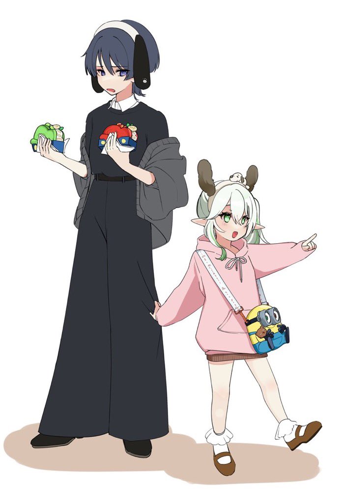 1boy 1girl alternate_costume animal_ears belt black_belt black_eyes black_footwear black_hair black_pants black_shirt blunt_ends blush brown_footwear cardigan clothes_grab contemporary cross-shaped_pupils dog_ears double-parted_bangs eyeliner eyeshadow fake_animal_ears food foot_up genshin_impact gradient_hair green_eyes green_hair hair_between_eyes hands_up holding holding_food hood hood_down hooded_sweater lace-trimmed_socks looking_at_another looking_down makeup mary_janes minion_(despicable_me) minions_(movie) multicolored_hair nahida_(genshin_impact) off-shoulder_sweater off_shoulder open_cardigan open_clothes open_mouth pants pointing pointy_ears red_eyeliner red_eyeshadow scaramouche_(genshin_impact) shirt shoes side_ponytail sidelocks socks standing sweater symbol-shaped_pupils undershirt wa_gi88 white_background white_hair white_socks white_undershirt