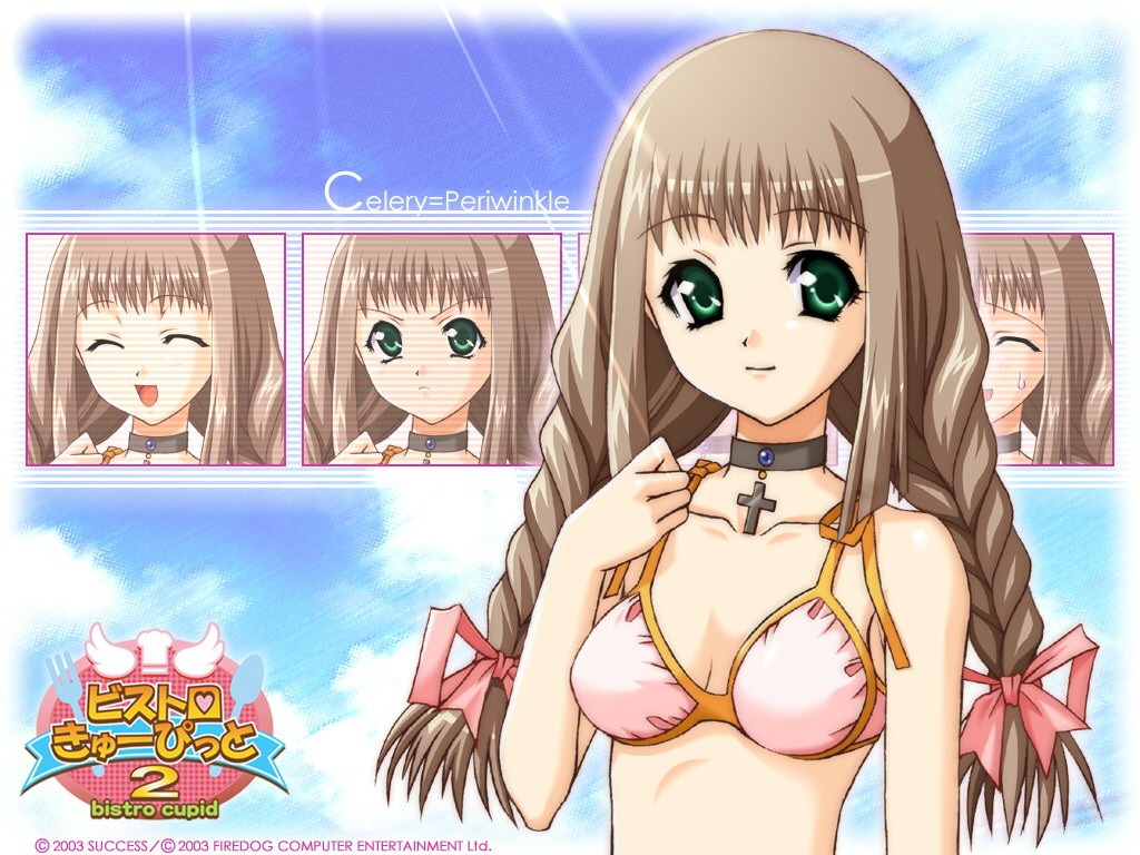 00s 1girl 2003 bikini bistro_cupid bistro_cupid_(series) bistro_cupid_2 bow braid brown_hair celery_periwinkle character_name choker copyright_name cross female_focus green_eyes hair_bow logo long_hair official_art official_wallpaper pandaki_(aki) smile solo swimsuit twin_braids