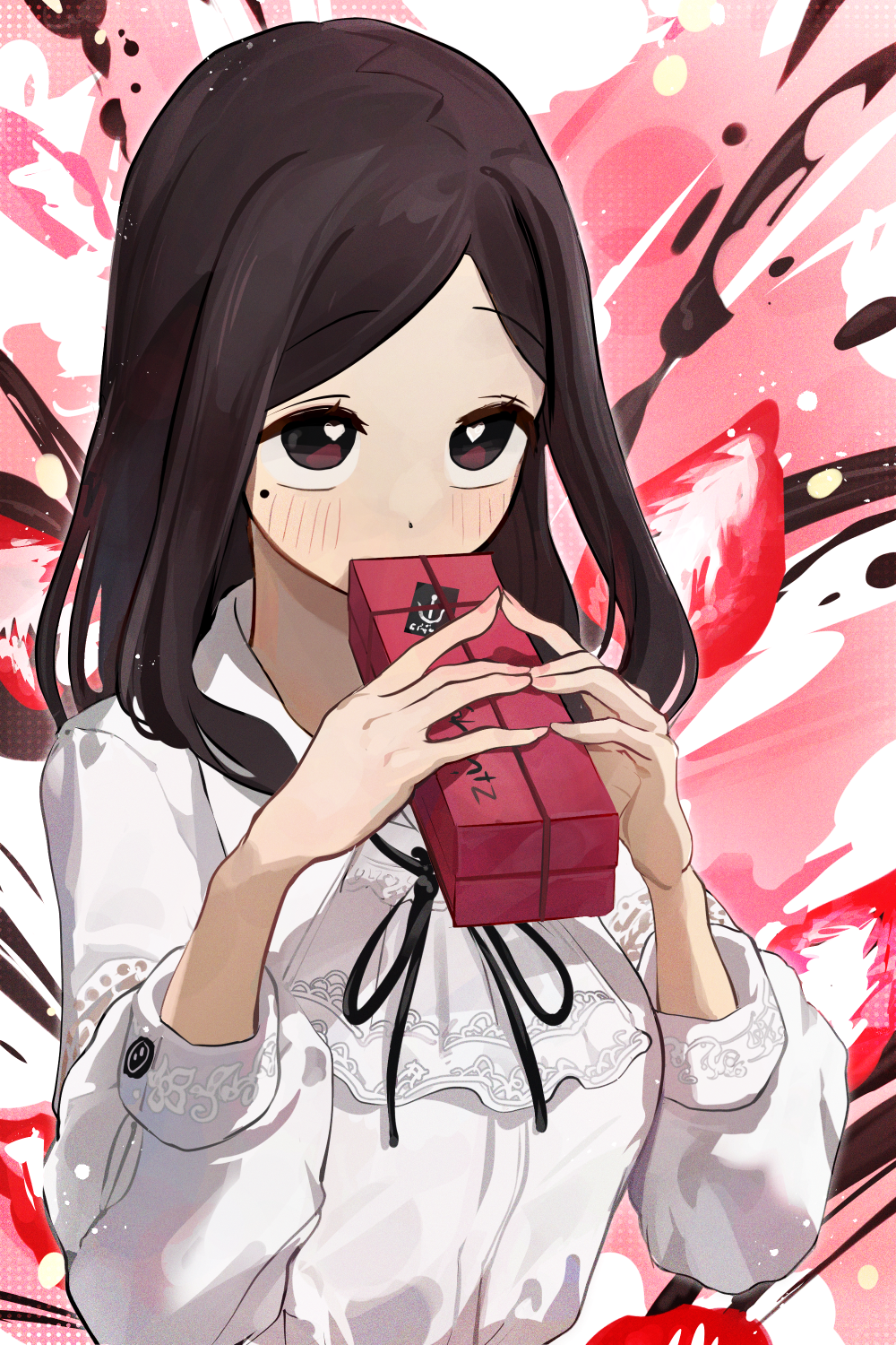 1girl black_ribbon box box_of_chocolates brown_eyes brown_hair chocolate food heart heart-shaped_pupils highres holding holding_chocolate holding_food light_blush long_hair mo0o0rae mole mole_under_eye neck_ribbon parted_bangs red_background ribbon sakurai_touko senpai_ga_uzai_kouhai_no_hanashi shirt solo symbol-shaped_pupils upper_body white_shirt