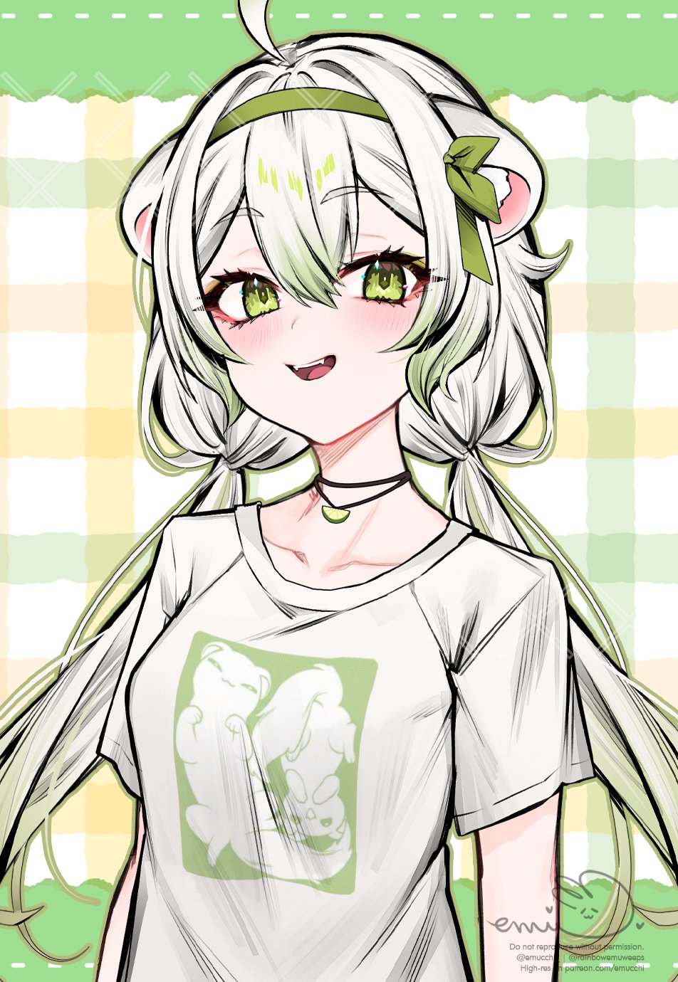 1girl ahoge animal_ears blush breasts commentary emu_(confisery) english_commentary ferret_ears ferret_girl food-themed_necklace gradient_hair green_eyes green_hair green_hairband hairband highres indie_virtual_youtuber jewelry laimu_(vtuber) long_hair looking_at_viewer low_twintails medium_breasts multicolored_hair necklace open_mouth print_shirt shirt short_sleeves signature solo t-shirt teeth twintails upper_body upper_teeth_only vinesauce virtual_youtuber white_hair white_shirt