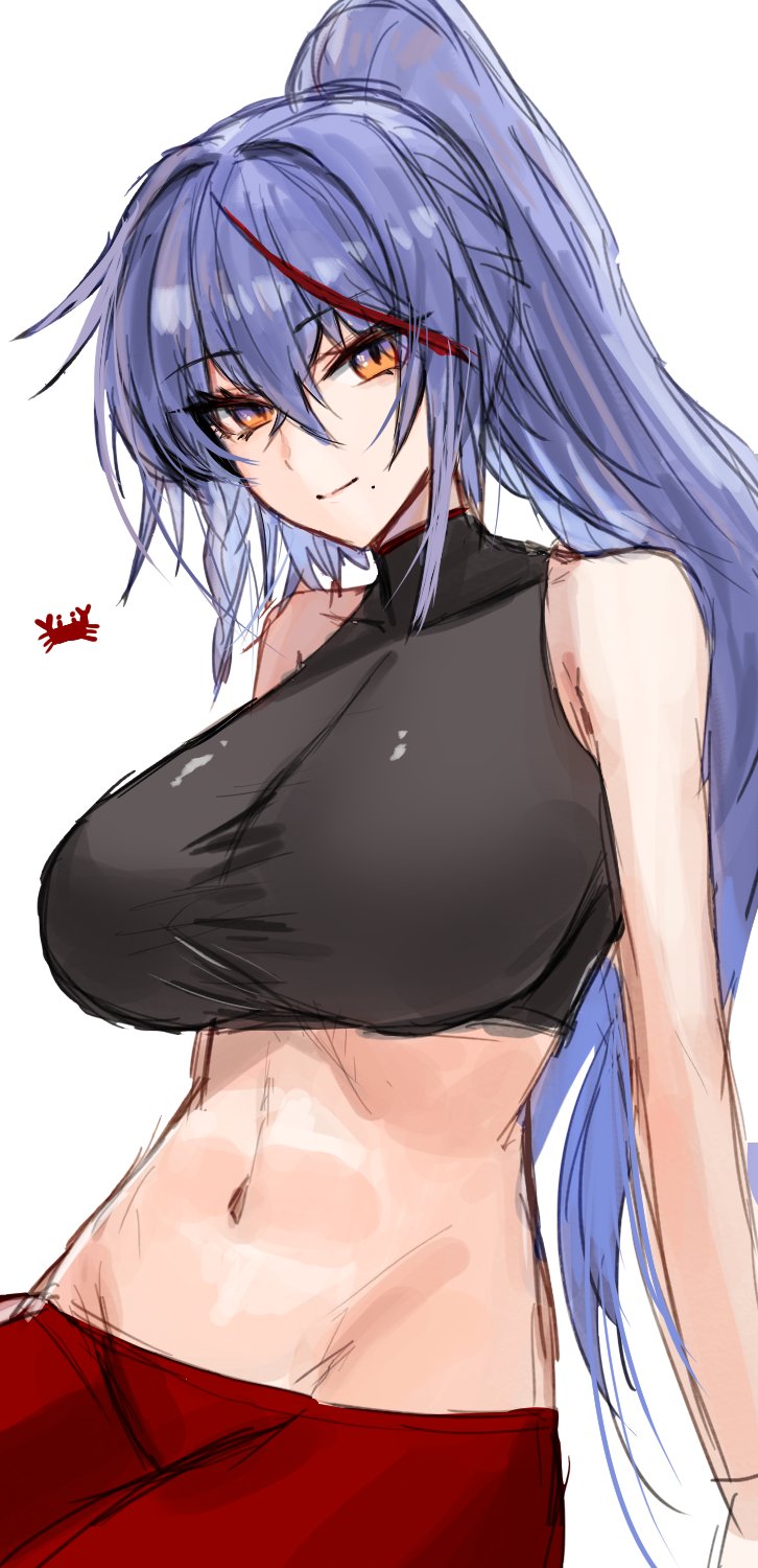 1girl akafuyu_(arknights) arknights black_shirt blue_hair breasts covered_collarbone crab crop_top crossed_bangs groin hair_between_eyes highres horn/wood large_breasts long_hair looking_at_viewer messy_hair midriff mole mole_under_mouth multicolored_hair navel orange_eyes pants ponytail red_pants shirt solo streaked_hair turtleneck upper_body very_long_hair white_background