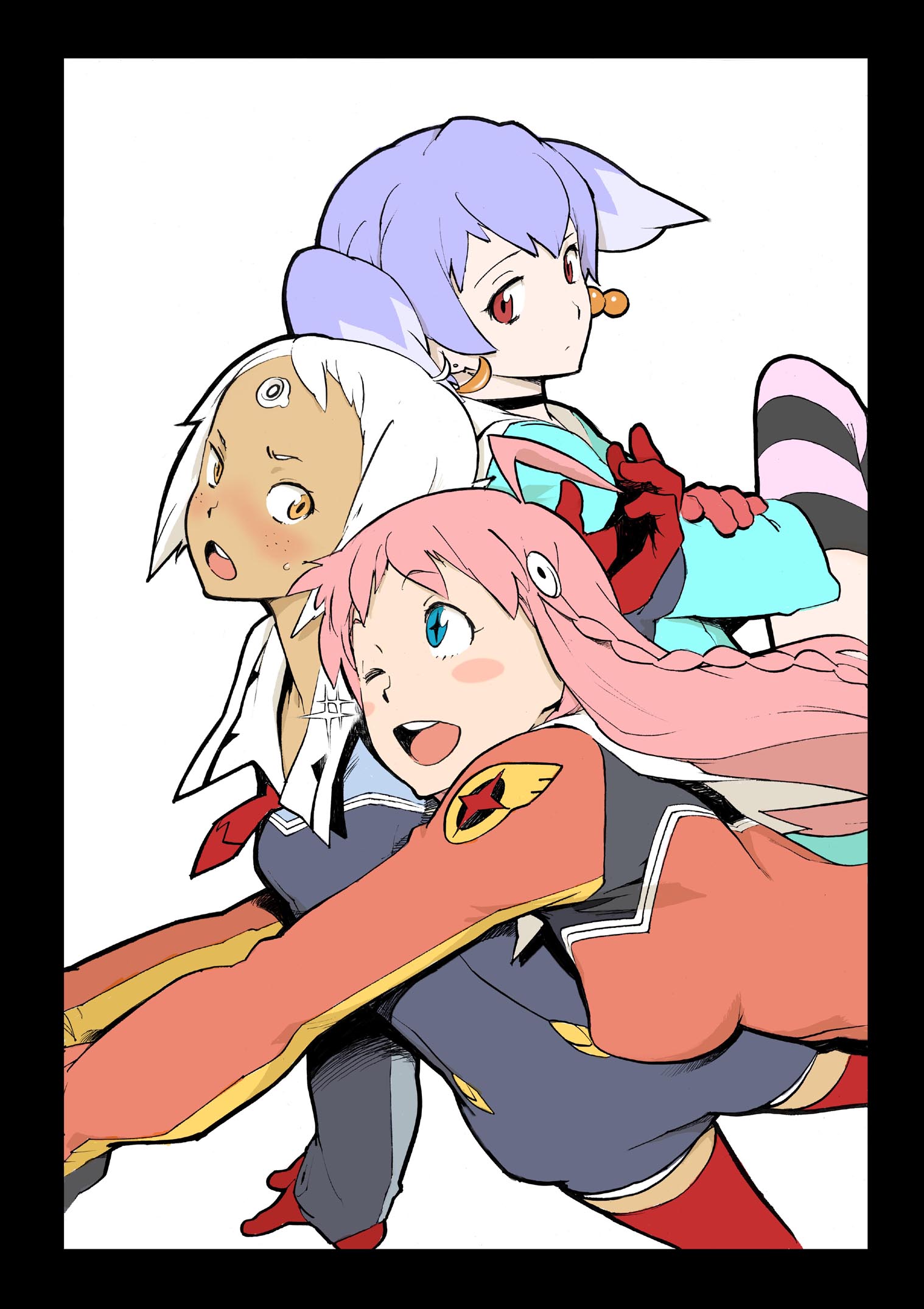 00s ahoge blue_eyes blush blush_stickers braid chiko crossed_arms dark-skinned_female dark_skin earrings freckles gloves highres inoue_kiyoshirou jewelry lal'c_mellk_mal multicolored_hair nono_(top_wo_nerae_2!) one_eye_closed open_mouth orange_eyes pink_hair purple_hair red_eyes short_hair side_braid simple_background smile sparkle striped_clothes striped_legwear striped_thighhighs sweatdrop thighhighs top_wo_nerae!_(series) top_wo_nerae_2! twintails two-tone_hair tycho_science white_hair wink zettai_ryouiki