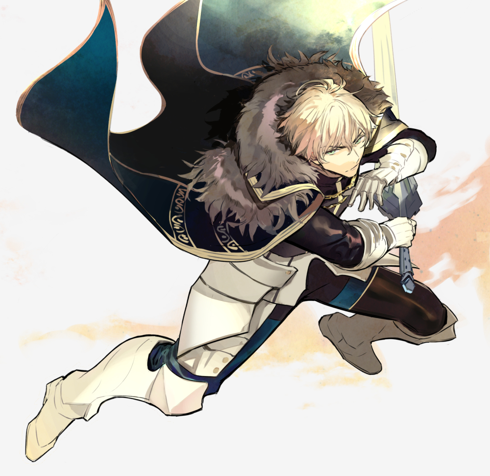 1boy armor armored_boots black_gloves blonde_hair blue_cape blue_eyes boots cape collared_cape excalibur_galatine_(fate) fate/extra fate/grand_order fate_(series) fighting_stance full_body fur_collar gauntlets gawain_(fate) gloves holding holding_sword holding_weapon itefu knight knights_of_the_round_table_(fate) long_sleeves looking_to_the_side male_focus short_hair solo sword weapon
