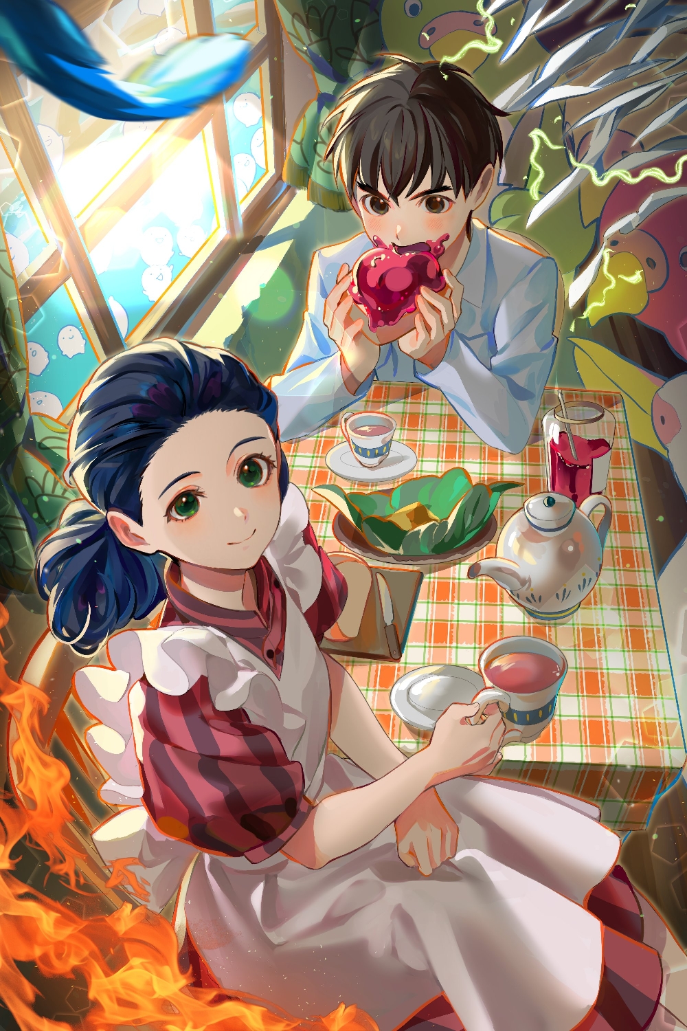 1boy 1girl apron bird black_hair bread bread_slice brown_eyes brown_hair cup curtains day dress eating feathers fire food highres himi_(kimitachi_wa_dou_ikiru_ka) indoors jam jihya kimitachi_wa_dou_ikiru_ka knife lens_flare long_sleeves looking_at_viewer maki_mahito parakeet pelican red_dress sitting smile striped_tablecloth table teacup toast warawara_(miyazaki) window