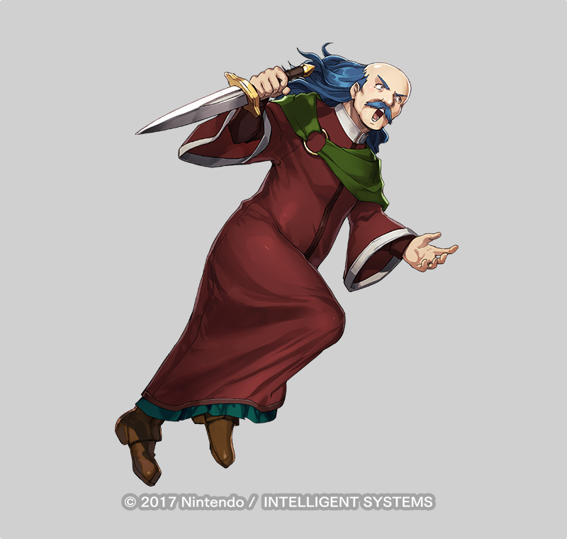 1boy balding blue_hair brown_footwear capelet commentary copyright_name dagger dai-xt facial_hair fire_emblem fire_emblem:_the_binding_blade fire_emblem_heroes full_body green_capelet holding holding_dagger holding_knife holding_weapon knife long_hair male_focus merlinus_(fire_emblem) mustache nintendo official_art old old_man open_mouth solo tunic weapon