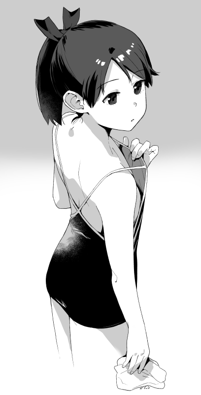 1girl alternate_costume clothes_pull competition_school_swimsuit cowboy_shot kantai_collection makio_(makiomeigenbot) one-piece_swimsuit_pull ponytail school_swimsuit shikinami_(kancolle) short_hair solo standing swimsuit unworn_swim_cap