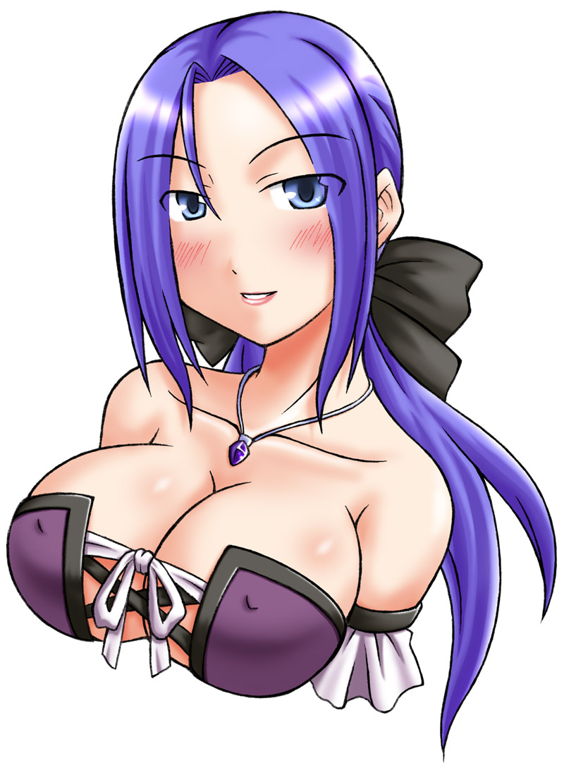 1girl bare_shoulders blue_eyes blue_hair blush breasts cleavage covered_erect_nipples female_focus hair_ribbon large_breasts long_hair looking_at_viewer matching_hair/eyes parted_lips ribbon ruida smile solo upper_body