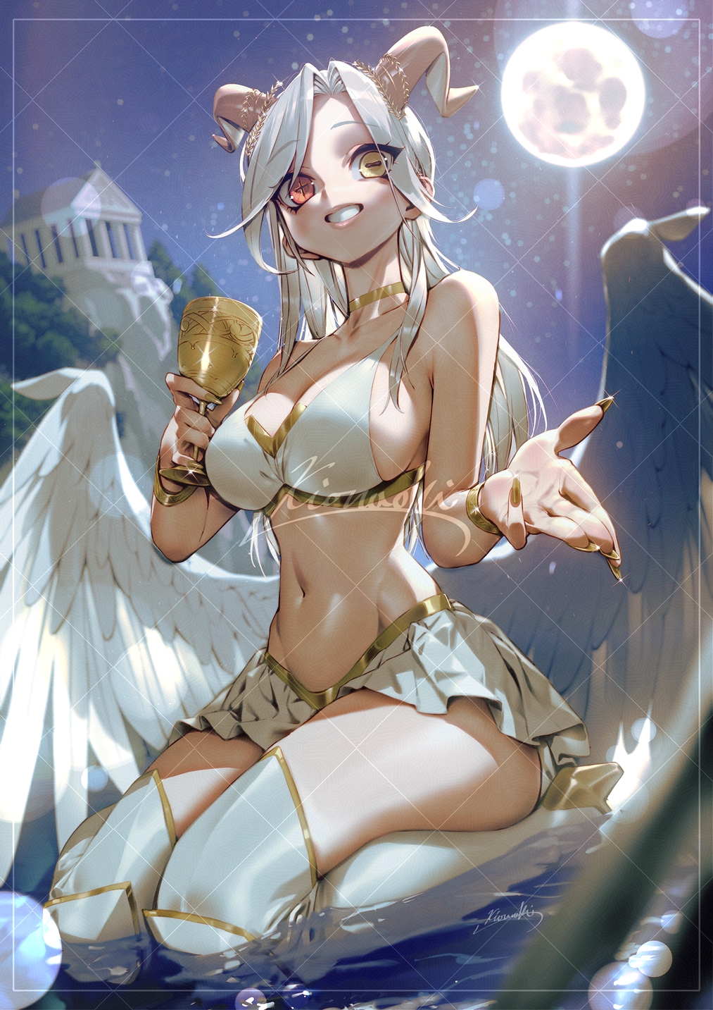 1girl adversarial_noise bikini boots bracelet breasts commission cup earrings feathered_wings full_moon gold_bracelet gold_cup gold_earrings gold_nails gold_trim heterochromia high_heel_boots high_heels highres holding holding_cup horns jewelry kionaoki kneeling large_breasts long_hair looking_at_viewer low_wings moon navel original red_eyes skirt solo swimsuit symbol-shaped_pupils thigh_boots watermark watermark_grid white_bikini white_hair white_skirt wings yellow_eyes