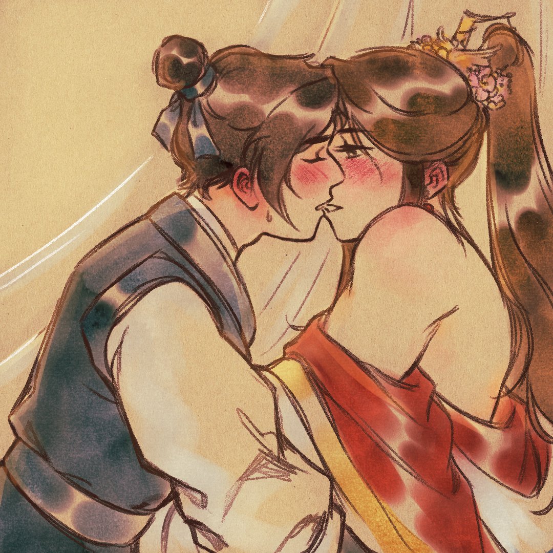 2boys bare_shoulders blue_hanfu blue_ribbon blush brown_eyes brown_hair chinese_clothes closed_eyes commentary couple curtains ear_blush english_commentary feng_xin flower gold_trim hair_bun hair_flower hair_ornament hair_ribbon half-closed_eyes hanfu high_ponytail indoors kiss long_sleeves male_focus multiple_boys nekoning off_shoulder open_mouth partially_undressed pink_flower ponytail red_robe ribbon robe shoulder_blush single_hair_bun sweat sweatdrop tianguan_cifu toned toned_male undressing upper_body white_robe xiao_guan_(headdress) xie_lian xie_lian_(flower_crowned_martial_god) yaoi yellow_background