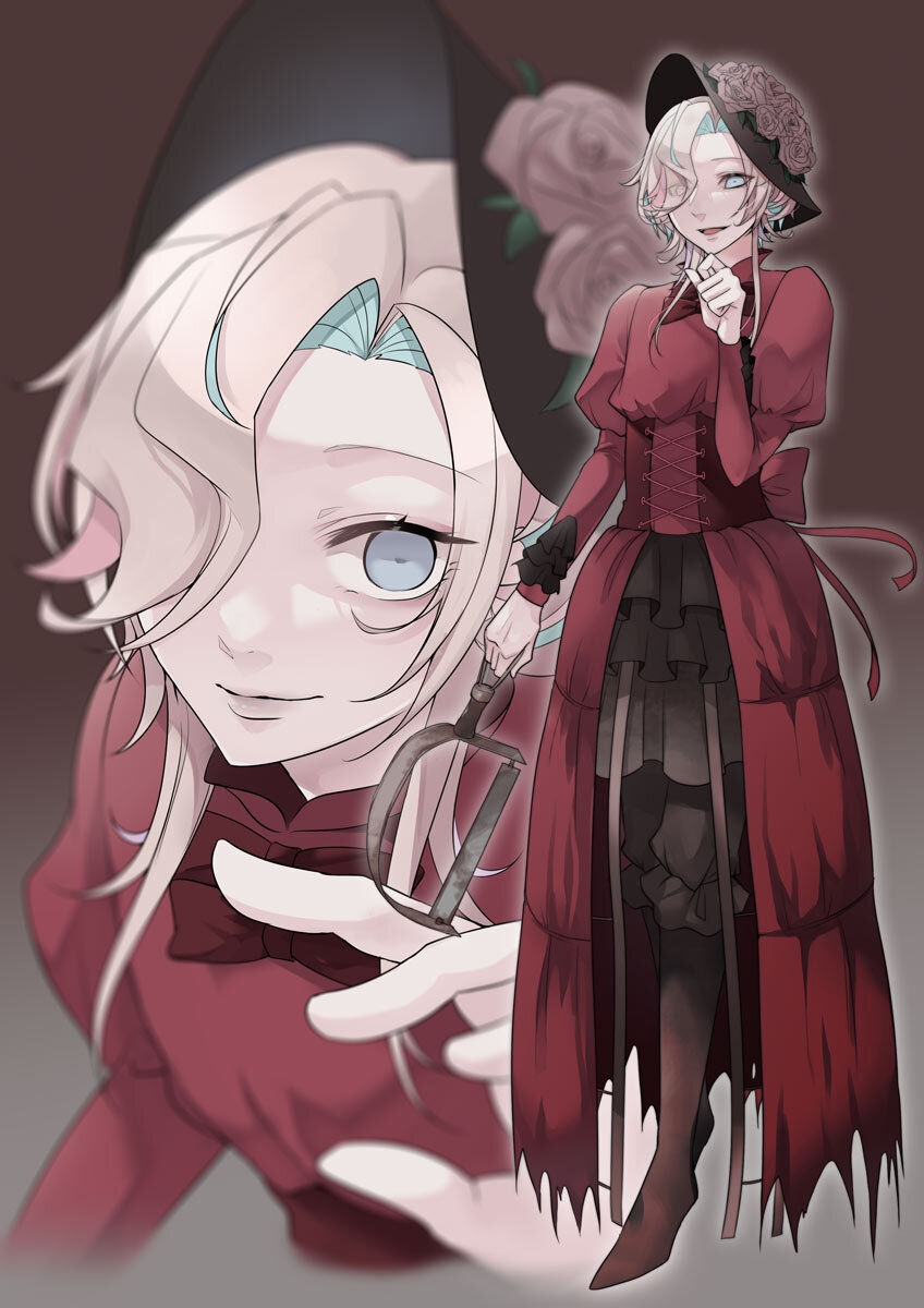 1boy alternate_costume androgynous aqua_hair aya240609 blonde_hair blue_eyes clothing_request corset eyelashes flower frills hair_over_one_eye hat hat_flower highres holostars juliet_sleeves long_sleeves looking_at_viewer male_focus medium_hair multicolored_hair pale_skin pink_hair puffy_sleeves red_corset side_part smile streaked_hair utsugi_uyu victorian virtual_youtuber