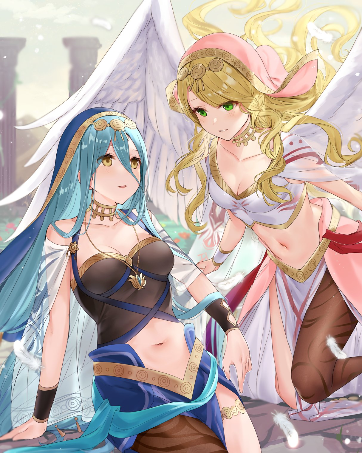 2girls alternate_costume angel_wings azura_(fire_emblem) azura_(hatari)_(fire_emblem) bare_shoulders blonde_hair blue_hair breasts brown_legwear cleavage collar collarbone column feathered_wings feathers fire_emblem fire_emblem:_radiant_dawn fire_emblem_fates fire_emblem_heroes floating_hair flying gold_trim green_eyes hair_between_eyes haru_(nakajou-28) highres jewelry leanne_(fire_emblem) leanne_(hatari)_(fire_emblem) long_hair looking_at_another medium_breasts midriff multiple_girls navel nintendo official_alternate_costume outdoors pantyhose pelvic_curtain pillar see-through_clothes single_leg_pantyhose sitting sky smile stomach swept_bangs thighlet veil very_long_hair waist_cape white_wings wings yellow_eyes