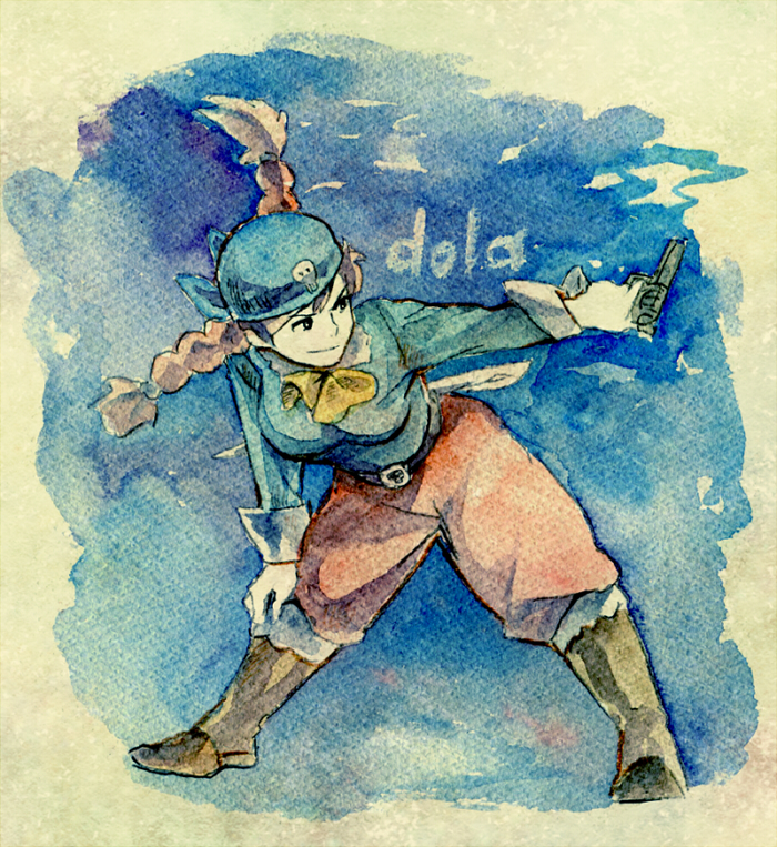1girl aged_down bad_id bad_pixiv_id bandana braid dola_(laputa) female_focus gun honoboooono painting_(medium) scarf solo studio_ghibli tenkuu_no_shiro_laputa traditional_media twin_braids watercolor_(medium) weapon