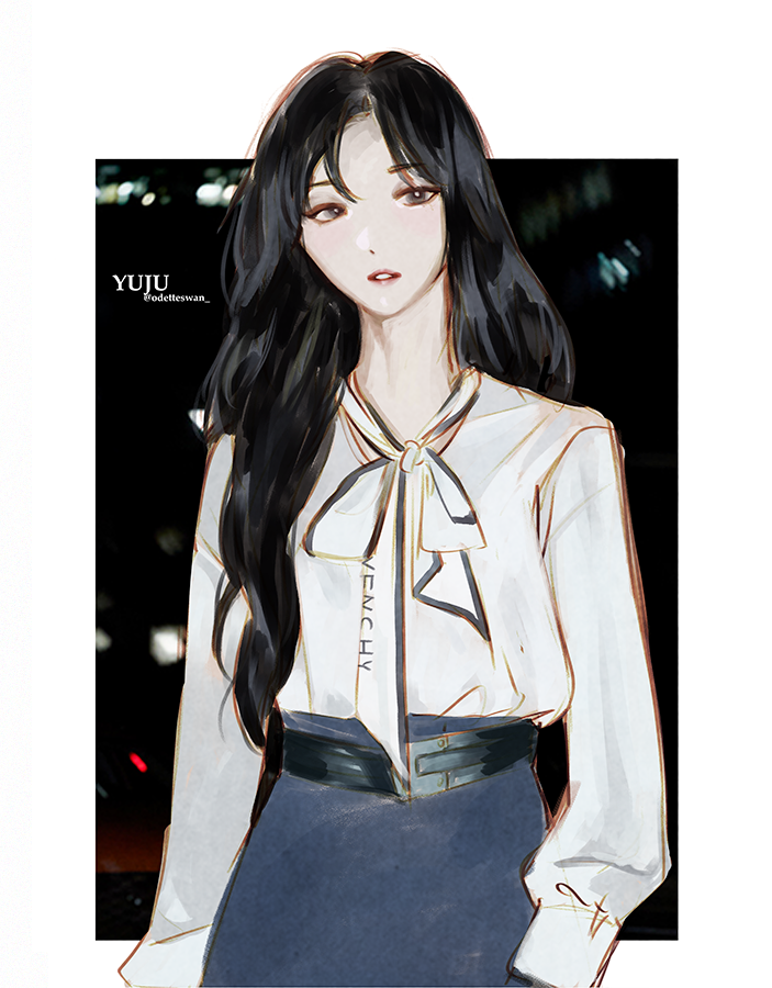 1girl adirosa artist_name_(singer) black_hair black_skirt border commentary gfriend givenchy k-pop long_hair long_sleeves looking_to_the_side neckerchief parted_lips real_life shirt shirt_tucked_in skirt solo symbol-only_commentary twitter_username white_border white_shirt yuju_(gfriend)