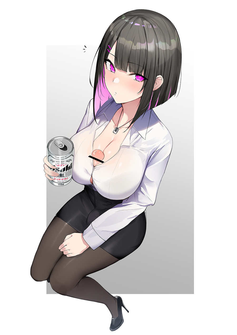 1futa asahi_breweries autopaizuri bar_censor beer_can black_footwear black_hair black_pantyhose black_skirt blouse blush bob_cut bra_visible_through_clothes breasts bulge button_gap can censored collared_shirt colored_inner_hair drink_can erection erection_under_clothes futanari futanari_masturbation hair_ornament hairclip handsfree_paizuri has_uncensored_version high_heels highres holding holding_can invisible_chair large_breasts long_sleeves luse_maonang masturbation mole mole_under_mouth multicolored_hair office_lady original outside_border paizuri paizuri_under_clothes pantyhose pencil_skirt penis pink_eyes pink_hair precum shirt short_hair sitting skirt solo taut_clothes taut_shirt testicles two-tone_hair white_shirt yuuki_mama