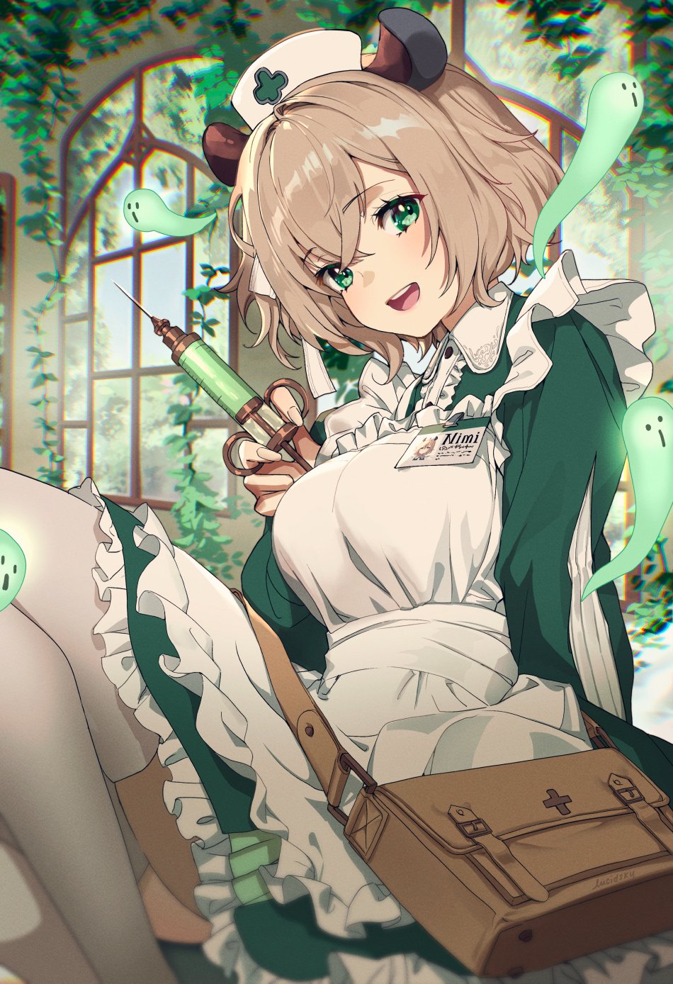 1girl :d animal_ears apron bag blonde_hair commentary crossed_bangs dress english_commentary frilled_apron frilled_dress frills green_dress green_eyes hat highres holding holding_syringe indie_virtual_youtuber indoors knees_up looking_at_viewer lucidsky name_tag naplings_(nimi_nightmare) nimi_nightmare nurse nurse_cap one_side_up open_mouth plant satchel short_hair sitting smile solo syringe tapir_ears tapir_girl teeth thighhighs upper_teeth_only vines virtual_youtuber white_apron white_thighhighs window