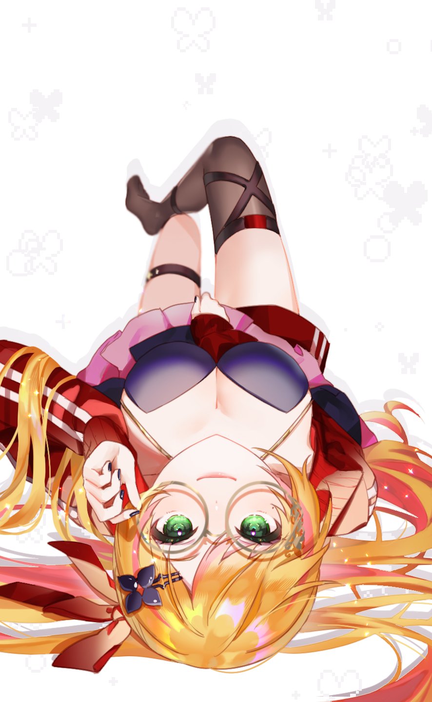 1girl black_nails black_thighhighs blonde_hair breasts cleavage glasses green_eyes gyuentec highres jacket long_hair multicolored_hair nail_polish nijisanji nijisanji_kr open_clothes open_jacket plaid_clothes plaid_jacket red_jacket round_eyewear seffyna single_thighhigh smile solo streaked_hair thigh_strap thighhighs virtual_youtuber