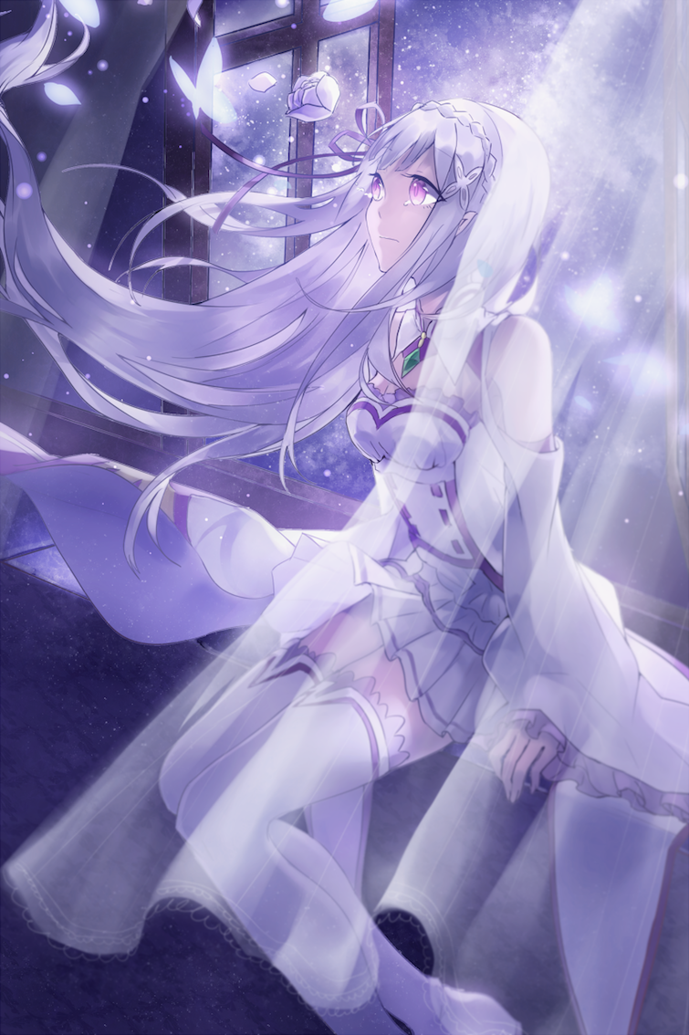 10s 1girl arm_at_side arm_support bad_id bad_pixiv_id braid breasts bug butterfly closed_mouth clothes_lift commentary_request crown_braid crystal curtains domik elf emilia_(re:zero) female_focus floating_hair from_side hair_ornament hair_ribbon insect lace_trim long_hair looking_away medium_breasts miniskirt night petals pink_eyes pleated_skirt pointy_ears purple_eyes purple_ribbon re:zero_kara_hajimeru_isekai_seikatsu ribbon silver_hair sitting skirt skirt_lift sky smile solo thighhighs transparent white_thighhighs wide_sleeves wind wind_lift window