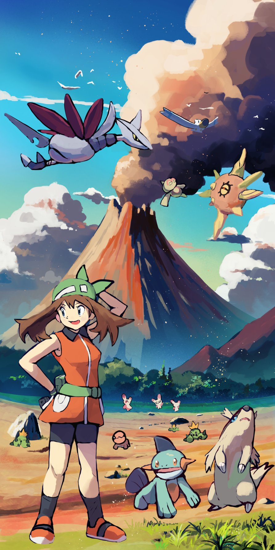 1girl :d baltoy bandana bare_shoulders black_shorts black_socks brown_hair cacnea cloud fanny_pack gen_2_pokemon gen_3_pokemon gloves green_bandana hand_on_own_head hand_on_own_hip highres linoone looking_at_another marshtomp may_(pokemon) nintendo open_mouth orange_shirt orange_shoes outdoors pokemon pokemon_(creature) pokemon_emerald pokemon_rse rowdon shirt shoes shorts skarmory sleeveless sleeveless_shirt smile smoke socks solrock spinda trapinch volcano wingull