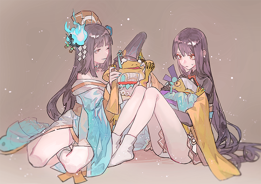 2girls aoandon black_hair blue_eyeshadow blue_fire collared_shrug eyeshadow fire frog japanese_clothes knees_up long_hair looking_at_another looking_down makeup multiple_girls no_headwear no_shoes off_shoulder on_ground one_eye_closed onmyoji panties parted_lips qiqu red_eyeshadow shrug_(clothing) sitting smile sweatdrop tabi underwear wide_sleeves yellow_eyes yokozuwari youtou_hime_(onmyoji)
