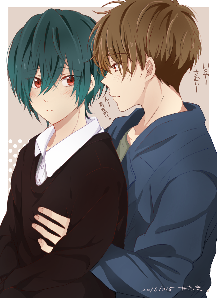 2boys brothers brown_hair green_hair high_speed! kirishima_ikuya kirishima_natsuya male_focus multiple_boys red_eyes short_hair takishiki