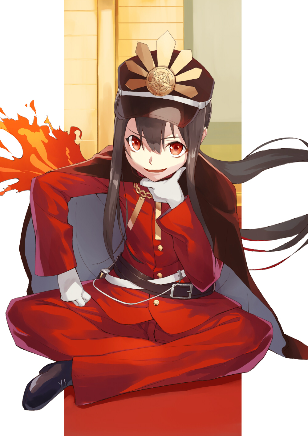 1boy belt black_hair black_shoes brown_belt brown_cape brown_hat cape fate/grand_order fate_(series) fire gloves hand_on_own_chin hat highres indian_style jacket jonsun long_hair long_sleeves looking_at_viewer male_focus oda_nobukatsu_(fate) pants peaked_cap pixiv_fate/grand_order_contest_2 ponytail red_eyes red_jacket red_pants shoes sitting smile solo very_long_hair white_gloves