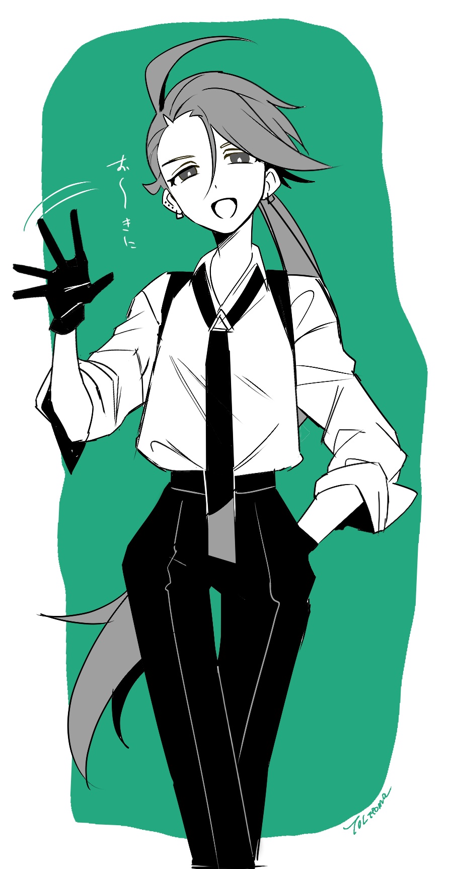 1girl =_(9_yawbus) ahoge androgynous asymmetrical_bangs black_gloves black_necktie black_pants bright_pupils collared_shirt creatures_(company) ear_piercing earrings game_freak gloves hand_in_pocket hand_on_own_hip hand_up highres jewelry long_hair monochrome necktie nintendo open_mouth pants piercing pokemon pokemon_sv ponytail reverse_trap rika_(pokemon) shirt smile solo suspenders triangle_earrings waving white_pupils