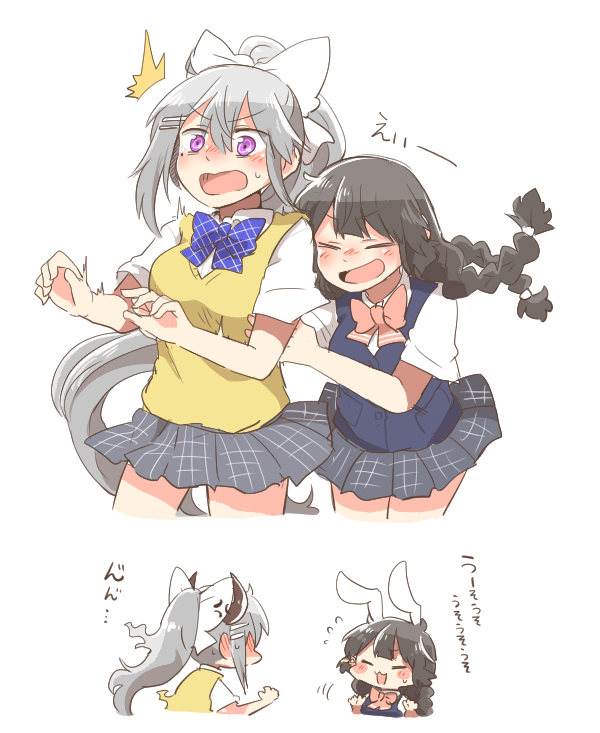 2girls :d animal_ears black_hair blue_bow blush_stickers bow braid cardigan_vest chibi closed_eyes collared_shirt flying_sweatdrops grey_hair grey_skirt hair_between_eyes hair_bow hair_ornament hairclip higuchi_kaede higuchi_kaede_(3rd_costume) kemonomimi_mode long_hair low_twintails multiple_girls nijisanji open_mouth pink_bow pleated_skirt ponytail purple_eyes rabbit_ears rebecca_(keinelove) school_uniform shirt simple_background skirt smile sweater_vest translation_request tsukino_mito tsukino_mito_(summer_uniform) twin_braids twintails v-shaped_eyebrows very_long_hair virtual_youtuber white_background white_bow white_shirt