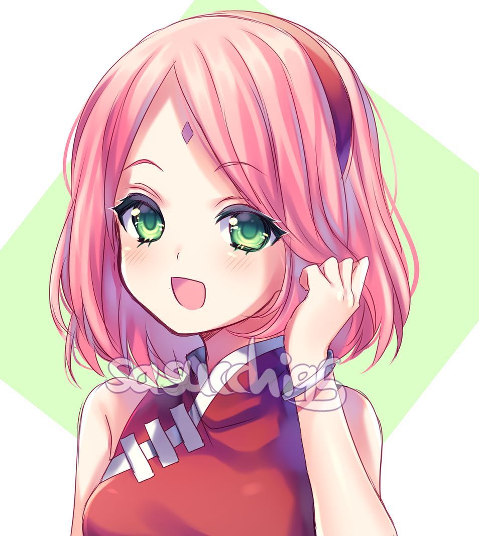 1girl :d adjusting_hair artist_name bare_arms bare_shoulders blush bracelet diamond_(shape) green_background green_eyes hairband hand_up haruno_sakura japanese_clothes jewelry kimono looking_at_viewer naruto_(series) open_mouth parted_bangs pink_hair portrait raised_eyebrows red_hairband red_kimono sasucchi95 short_hair sleeveless sleeveless_kimono smile solo tongue two-tone_background white_background white_trim