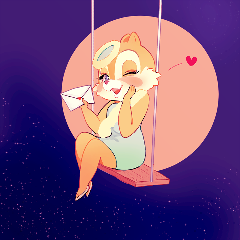 1girl blue_dress blue_eyes chipmunk_ears chipmunk_girl clarice_(disney) disney dress envelope eyelashes flower full_body hair_flower hair_ornament looking_at_viewer mickey_mouse_&amp;_friends open_mouth rrr0511 smile solo swing