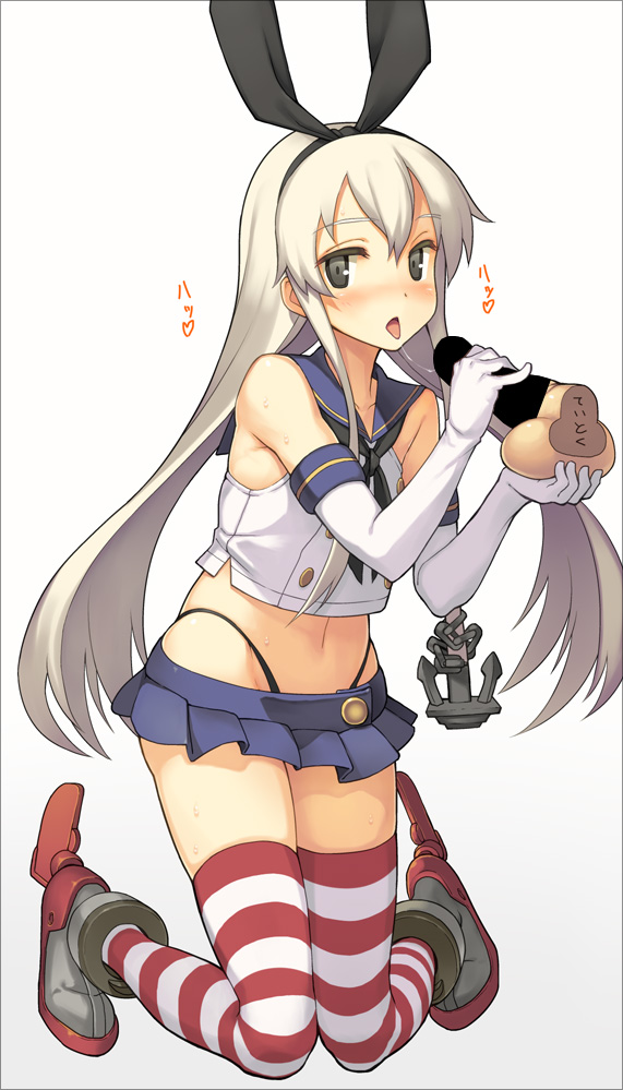 10s 1girl anchor anchor_hair_ornament black_eyes black_panties blonde_hair blush caressing_testicles disembodied_penis elbow_gloves gloves hair_ornament hairband heart kantai_collection long_hair navel panties penis personification saliva saliva_trail shimakaze_(kancolle) skirt sleeveless solo striped_clothes striped_thighhighs testicles thighhighs tongue tongue_out translated underwear whale_tail_(clothing) white_gloves yn_red zettai_ryouiki
