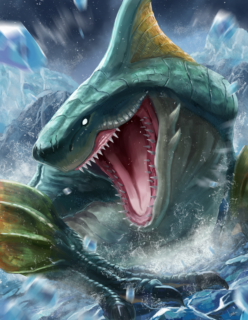 arm_fins bearluxe blank_eyes claws fins gills ground_shatter ice monster monster_focus monster_hunter_(series) monster_hunter_4 monster_hunter_x no_humans open_mouth outdoors shark shark_fin sharp_teeth signature teeth water zamtrios